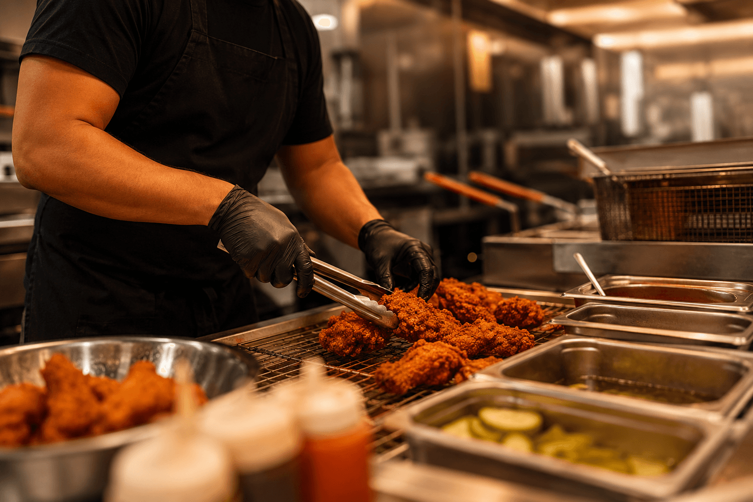 JP's Hot Chicken kitchen staff working the line